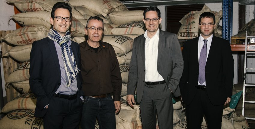 Carlo Thelen, Hauptgeschäftsführer der Handelskammer; Alfons Schramer, Geschäftsführer und Inhaber, Mondo del Caffè; Patrick Ernzer, Geschäftsführer Kommunikation und Medien, Handelskammer; Mike Hoffmann, Geschäftsführer, Centre de la Sécurité