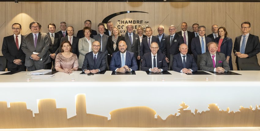 Constituent Plenary Assembly, 3 April 2019. Sitting, from left to right : Valérie Massin, Michel Wurth (outgoing president of the Chamber of Commerce), Etienne Schneider (Deputy Prime Minister, Minister of the Economy, and presiding minister of the Chamb