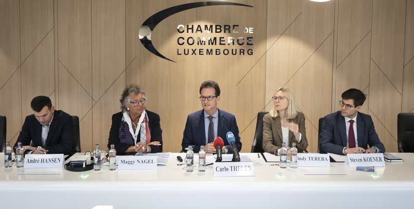 (De. g. à dr.) André Hansen, ministère de l'Economie; Maggy Nagel, Présidente du GIE Expo Dubaï 2020 et Commissaire générale du Pavillon; Carlo Thelen, Directeur général de la Chambre de Commerce; Cindy Tereba, Directrice Affaires internationales