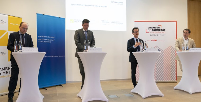 De gauche à droite: Tom Wirion, directeur général de la Chambre des métiers, Lex Delles, ministre des Classes moyennes, Carlo Thelen, directeur général de la Chambre de Commerce et Tom Baumert, CEO de la House of Entrepreneurship.