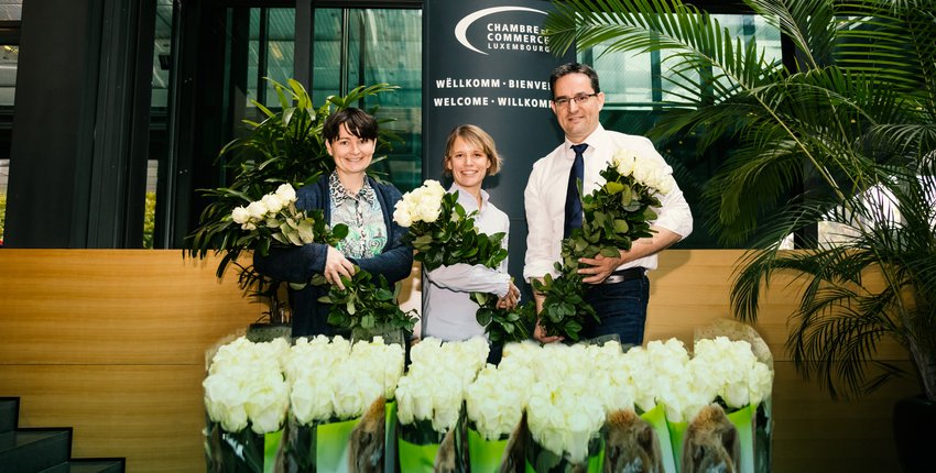 De gauche à droite: Romaine Hirschler, Assistante de direction, Anne Jung, Attachée Communication & Médias et Patrick Ernzer, Directeur Communication & Médias ont réceptionné les fleurs offertes par l'Ambassade du Royaume des Pays-Bas à Luxembourg