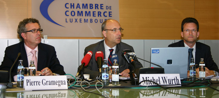 MM. Pierre Gramegna, Directeur; Michel Wurth, Président, et Carlo Thelen, Chef du Département Economique lors de la présentation du document "Entreprise Luxembourg 2.0"
